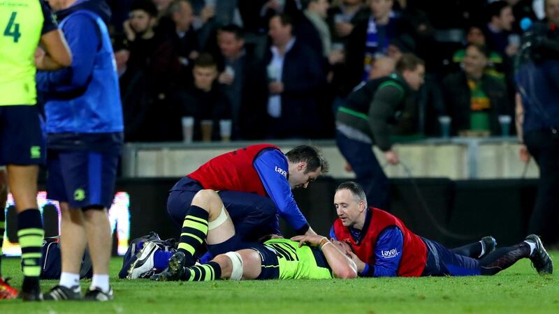 O’Brien lies injured during Leinster’s clash with Northampton at the RDS last December. Photo: James Crombie/Inpho