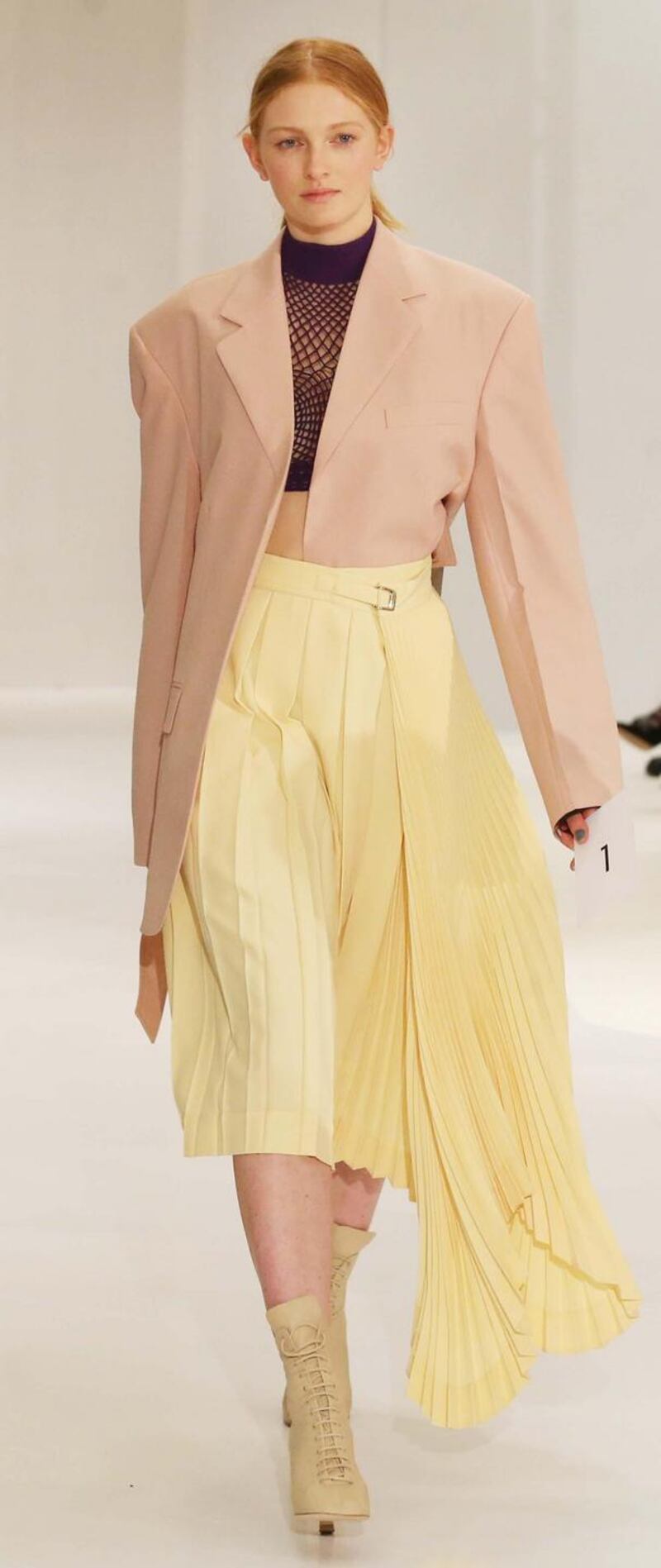 NO REPRO FEE 16/01/2018 Brown Thomas Spring Summer 2018. Pictured in Brown Thomas on Grafton Street today, a model shows the latest look from Celine on the catwalk. Photograph: Leon Farrell / Photocall IrelandDeconstructed tailoring and asymmetric pleats from Celine