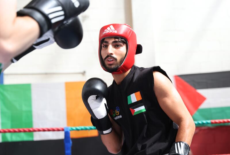  Waseem Abusal a member from El Barrio Boxing Club in Ramallah  fights Liam Murphy of Cherry Orchard Boxing Club.  Photo: Bryan O’Brien / The Irish Times  
