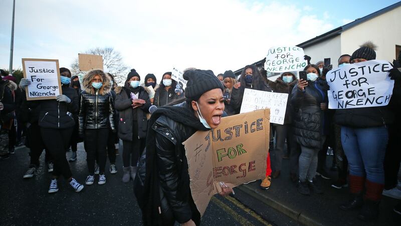 Protesters gather at Blanchardstown Garda station in support of George Nkencho who was shot dead by gardaí during an incident in west Dublin. Photograph: Nick Bradshaw