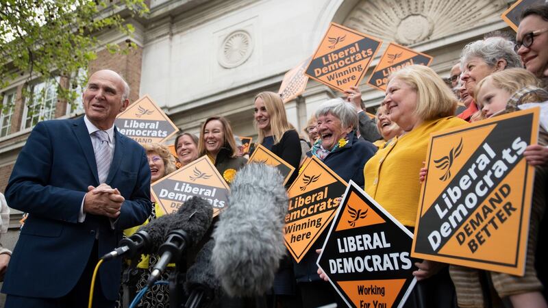 Liberal Democrats leader Sir Vince Cable with activists at the Civic Centre, Chelmsford following the voting in the English council elections. Photograph: David Mirzoeff/PA Wire