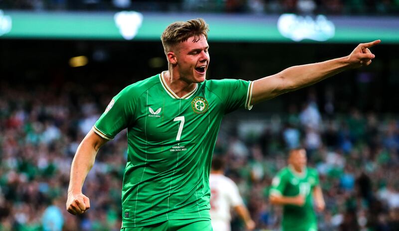 Ireland’s Evan Ferguson celebrates scoring their second goal. Photograph: James Crombie/Inpho