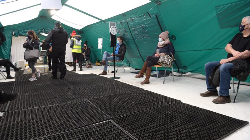 Waiting area after receiving the vaccine  at St Mary’s Hospital in the Phoenix Park, Dublin. Photograph: Dara Mac Dónaill