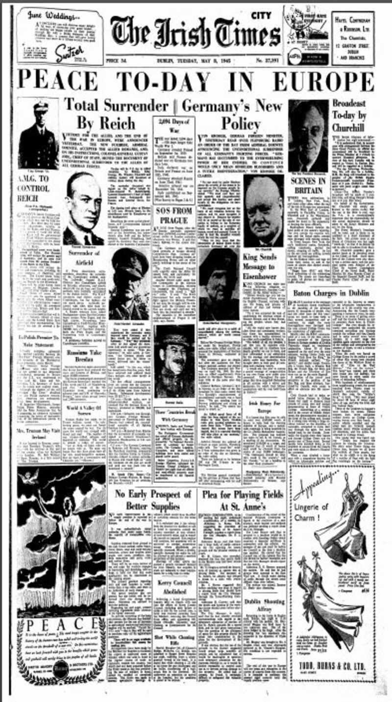 The edition of The Irish Times published on May 8th, 1945, with the story of the Trinity riots headlined ‘Baton Charges in Dublin’ next to the ‘V for victory’ picture arrangement.