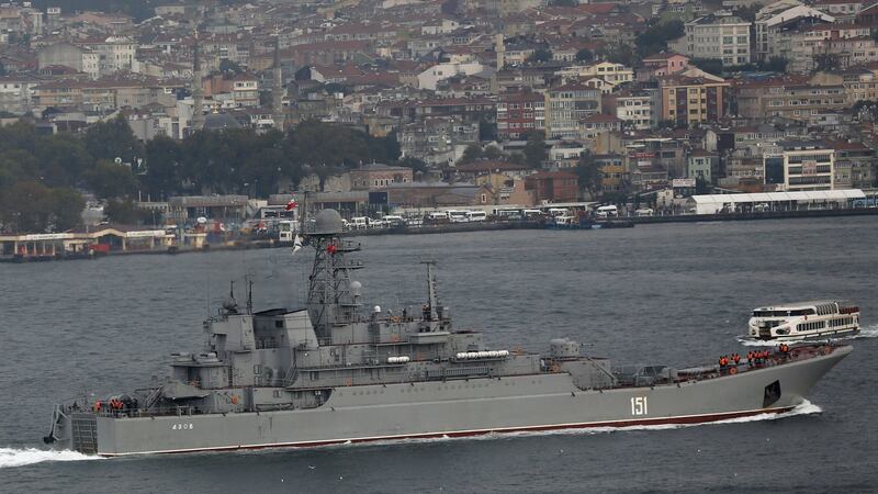 The Russian naval landing ship Azov sails in the Bosphorus, on its way to the Mediterranean Sea, in Istanbul, Turkey, on  Tuesday. Photograph: Reuters