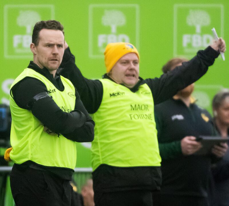 Leitrim manager Andy Moran and Mickey Graham. Photograph: Evan Logan/Inpho
  
