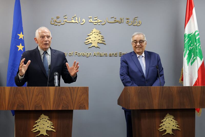 Lebanon's foreign minister Abdullah Abu Habib (right), with EU envoy Josep Borrell, during a joint press conference following their meeting in Beirut, Lebanon, on Saturday. Photograph: Anwar Amro/AFP/Getty 
