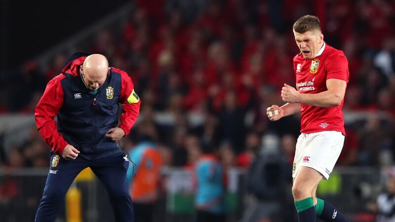 Owen Farrell celebrates scoring a penalty to level the game. Photograph: James Crombie/Inpho