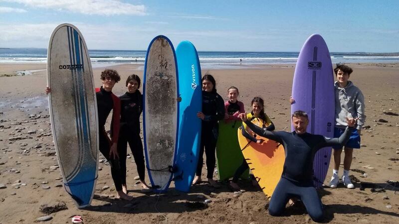 ‘Surfing in Strandhill, Sligo, with our girls and Spanish exchange students’. Photograph: Brenda Walker