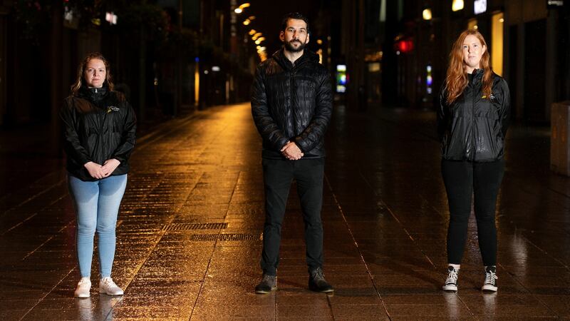 Daire Moriarty, Ciaran King and Roisin Casey, all members of the Dublin Simon rough sleeper outreach team. Photograph: Damien Eagers