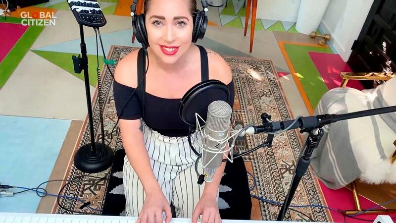 Lady Gaga performing during One World: Together At Home, which was held to support frontline healthcare workers and the World Health Organisation’s Covid-19 solidarity response fund. Photograph:  Global Citizen’s One World: Together/AFP via Getty Images