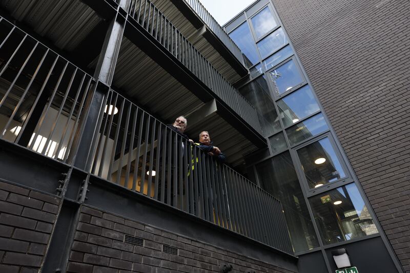 Tony O’Brien, chair of the Peter McVerry Trust, and Dominic Nolan, project manager, at a new housing refurb project on Townsend Street. Photograph: Nick Bradshaw