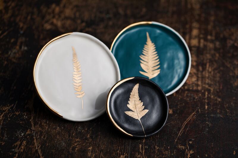 Danu Ceramics ring dishes with a 22k gold-leaf design and edging (can also be wall-mounted), €25-€35, designireland.ie
