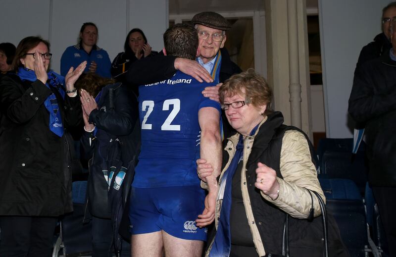 Gordon D'Arcy with his dad John and mum Peggy after his last home match for Leinster in 2015. Photograph: Dan Sheridan/Inpho