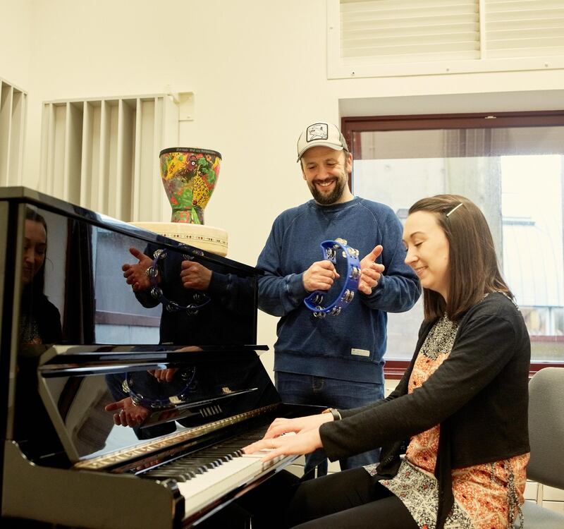 Music Therapist and researcher Katie Fitzpatrick with fellow researcher Steve Ryan at the Irish World Academy of Music and Dance, University of Limerick.