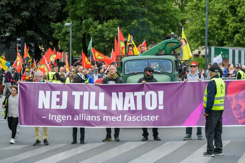 An alliance against Nato takings part in a demonstration in Stockholm against Swedish Nato membership. Photograph: Maja Suslin/TT News Agency via AP/PA