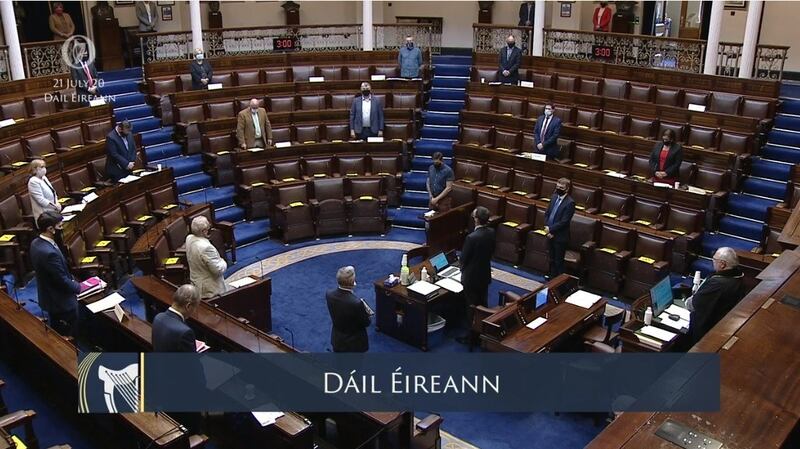 Screengrab from Oireachtas TV of TDs holding a minute’s silence in respect of CervicalCheck campaigner Ruth Morrissey, who died earlier this week. Photograph: Oireachtas TV/PA Wire