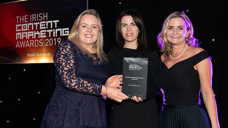 Dr Tara Rooney, Awards Judge presents the Best Content Marketing Award - Specialist to Ellen O’Donovan & Emma Henry, Centra.