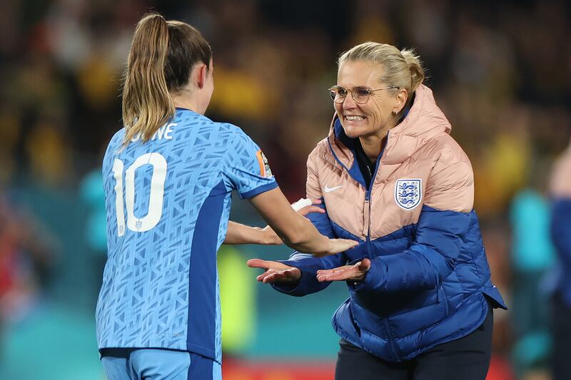 Sarina Wiegman, manager of England, celebrates victory with Ella Toone. Photograph: Catherine Ivill/Getty