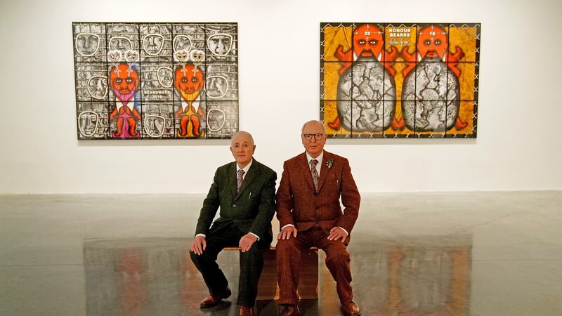 Gilbert Proesch  and George Passmore at the press preview of their latest exhibition entitled “The Beard Pictures and Their Fuckosophy”  at The White Cube, Bermondsey, London. Photograph:  Christopher Furlong/Getty Images