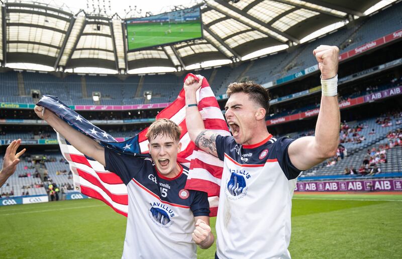 New York Shay McElligot and Conor Matthews celebrate victory in the All-Ireland junior final last year. McElligot notched six points in this year's win. Photograph: Evan Treacy/Inpho