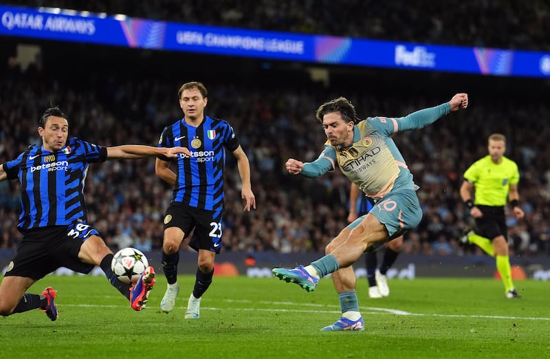 Manchester City's Jack Grealish shoots during the Champions League match against Inter Milan last Wednesday. Photograph: Martin Rickett/PA Wire