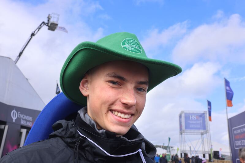 Kristupas Simkus, from Limerick wearing a Sinn Féin stetson at the National Ploughing Championships, in Ratheniska, Co Laois. Photograph: Dara Mac Dónaill






