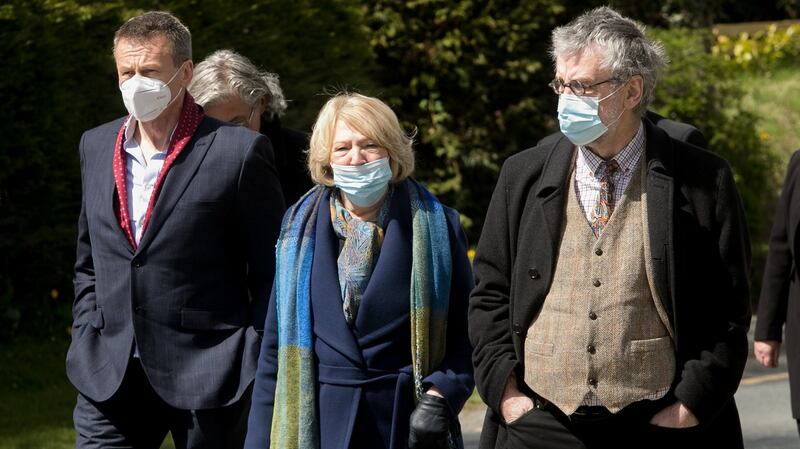 Alan Gilsenan, Sabina Higgins, Michael Harding during the funeral of Tom Hickey at Eadestown Parish Church in Co Kildare. Photograph: Gareth Chaney/Collins