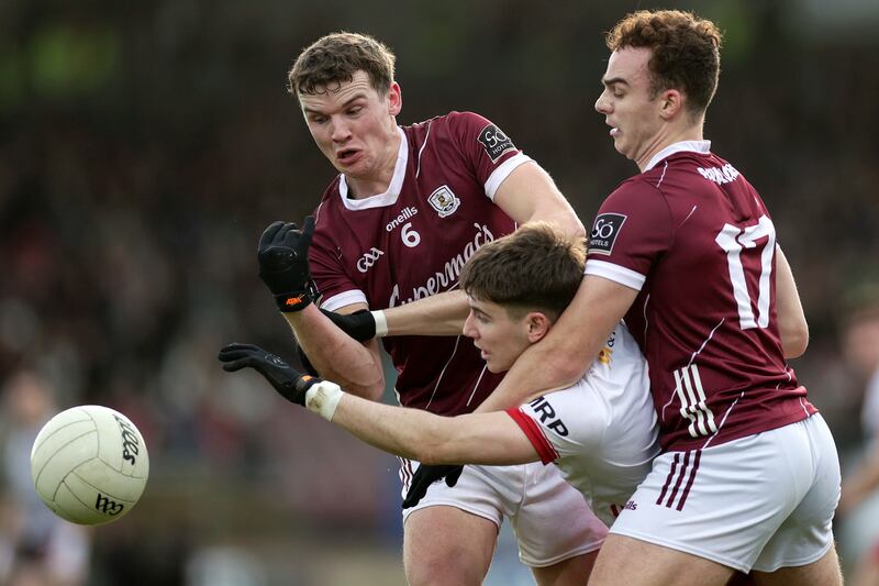 Tyrone's Niall Devlin with John Daly and Daniel O'Flaherty of Galway during the League Division 1 fixture at Healy Park, Omagh, last February. Photograph: Laszlo Geczo/Inpho