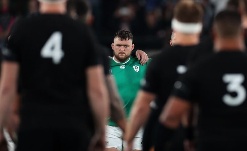Andrew Porter faces the Haka before Ireland's game against the All Blacks in October 2019. The only losses Porter experienced between last season and this one were in the Champions Cup final against La Rochelle in May, the World Cup quarter-final and on New Year’s Day against Ulster. Photograph: Billy Stickland/Inpho