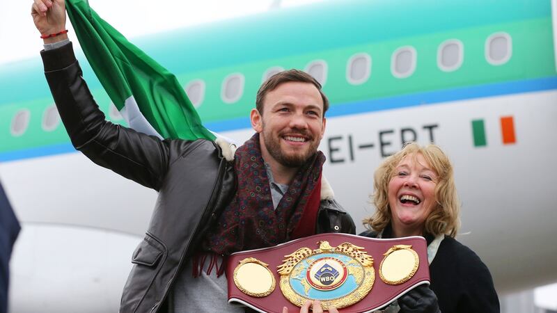 Andy Lee homecoming at Shannon Airport, Co Clare in 2014 with  his mother Anne.  Photograph: ©INPHO/Cathal Noonan