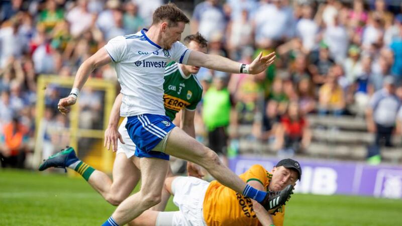 Conor McManus scores Monaghan’s goal during the during the All-Ireland quarter-final Super 8 game against Kerry at St Tiernach’s Park in Clones. Photograph: Morgan Treacy/Inpho
