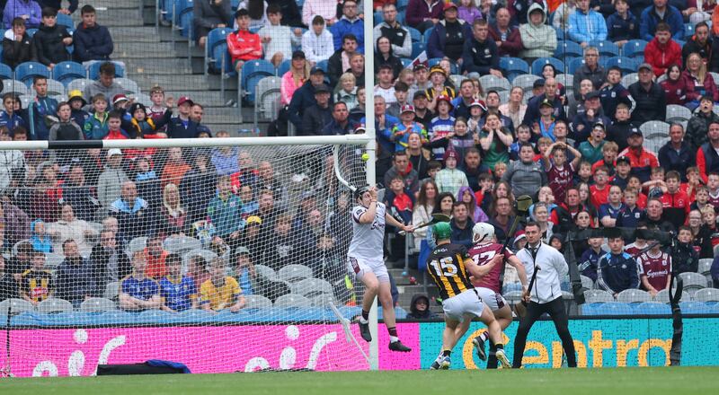 Galway goalkeeper Darragh Walsh drops the ball ahead of Martin Keoghan scoring a goal for Kilkenny during the Leinster final at Croke Park. Photograph: James Crombie/Inpho