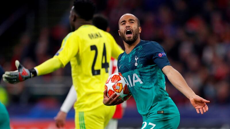 Tottenham’s Lucas Moura celebrates scoring his first goal. Photograph: Matthew Childs/Reuters