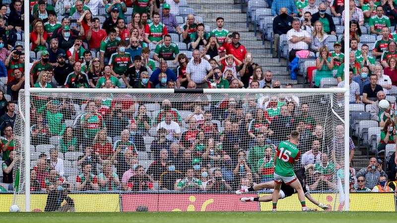 Mayo’s Ryan O’Donoghue misses a penalty. Photo: James Crombie/Inpho