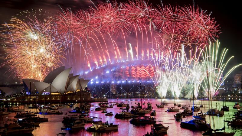 Fireworks explode over the Sydney Harbour during New Year’s Eve celebrations in Sydney, Australia. Photograph: AAP