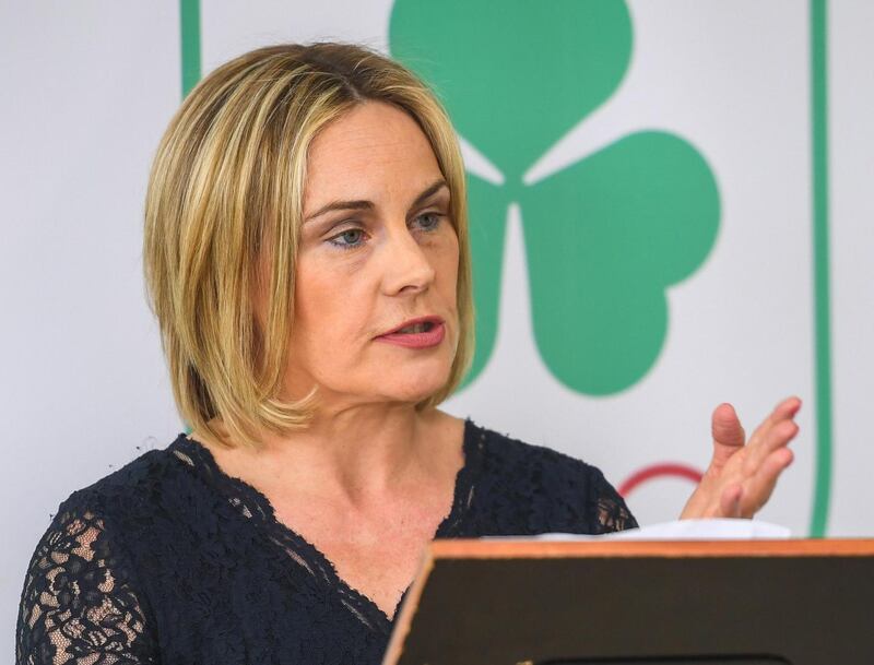 Olympic Federation of Ireland president Sarah Keane speaks at the announcement of an agreement between the organisation and  the city of Fukuroi ahead of the 2020 Olymics in Japan. Photograph: Ramsey Cardy/Sportsfile
