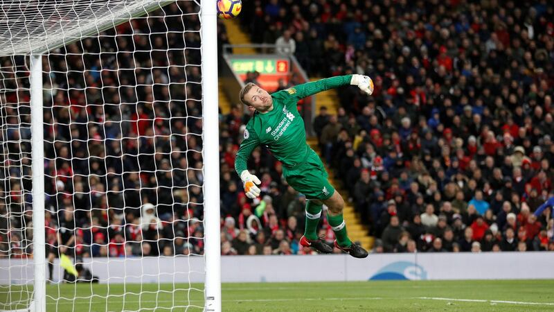 Chelsea’s Willian (not pictured) scores their first goal past Liverpool’s Simon Mignolet. Photograph: Carl Recine/Reuters