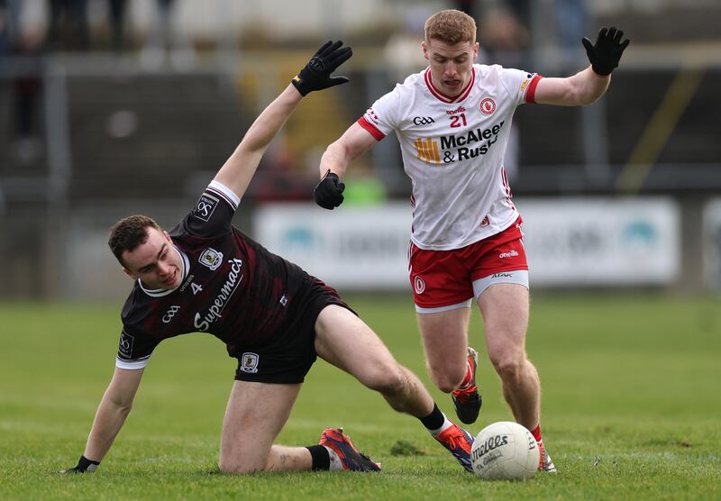 Galway’s Daniel O'Flaherty and Tyrone's Darragh Canavan. Photograph: James Crombie/Inpho