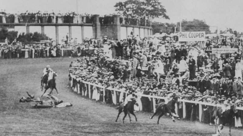 Suffragette Emily Wilding Davison throwing herself under the King George V’s horse Anmer at the Epsom Derby  on June 4th,  1913. File photograph: PA