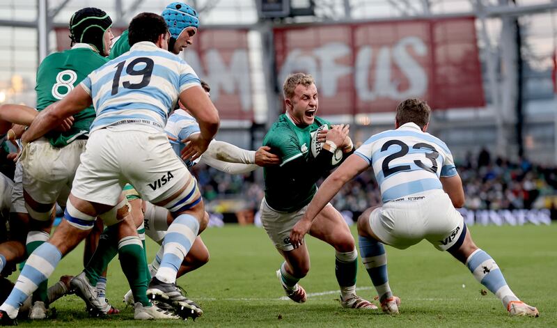 Ireland last welcomes Argentina to Dublin as part of the 2021 Autumn Internationals, beating Los Pumas 53-7. Photograph: James Crombie/Inpho