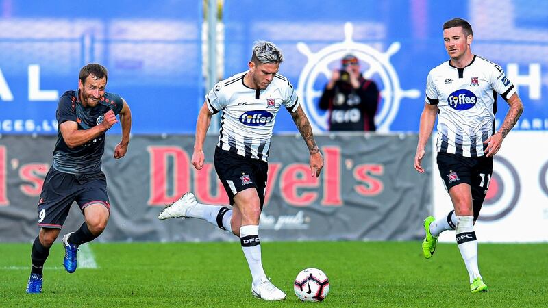 Dundalk’s Dean Jarvis makes a break in Riga. Photograph: Inpho
