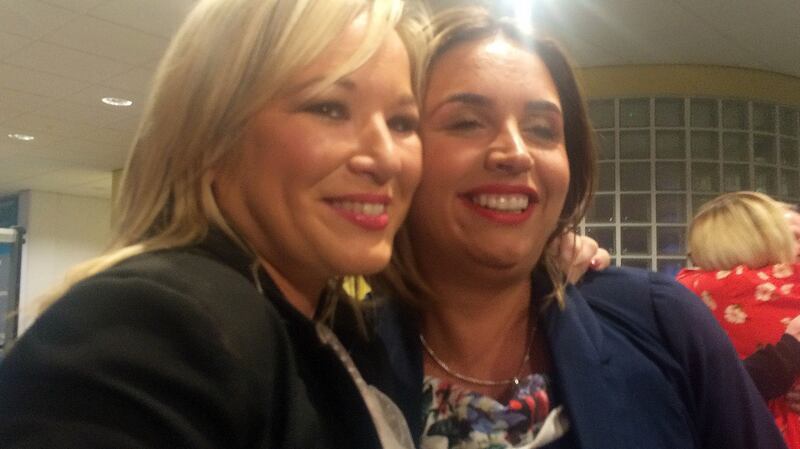 Sinn Féin’s Elisha McCallion celebrates an historic victory  with Sinn Féin’s  Northern Leader Michelle O’Neill at the Foyle Arena in Londonderry. Photograph:  Brian Hutton/PA