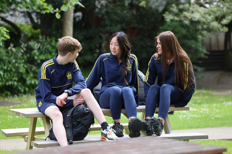 Exam students Ryan Lillis, Aoife Wang and Riana Sheridan at Sutton Park School, Sutton, Dublin.  Photograph: Dara Mac Dónaill







