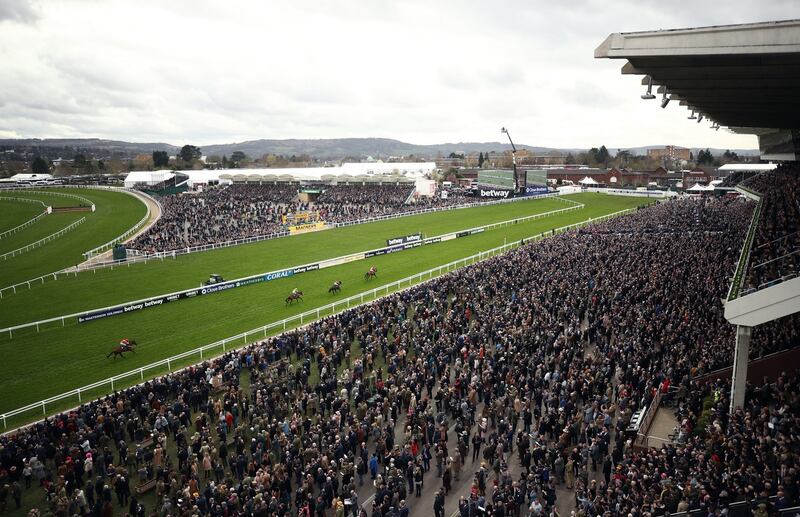 The view from the grandstand as Envoi Allen ridden by Davy Russell wins the Ballymore Novices’ Hurdle on day two of the Cheltenham Festival. Photograph: Tim Goode/PA Wire