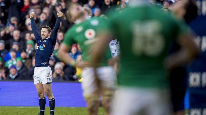 Greg Laidlaw celebrates a successful penalty in Scotland's win over Ireland at Murrayfield in 2017.