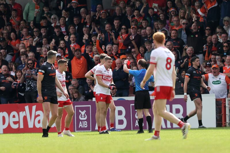 Derry's Ciarán McFaul is shown a red card against Armagh at Celtic Park, having earlier been introduced as a substitute. Photograph: Bryan Keane/Inpho 