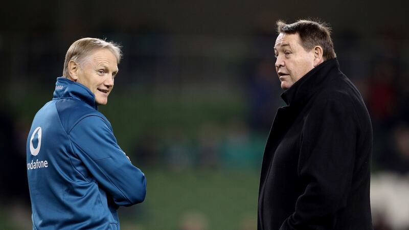 Joe Schmidt and Steve Hansen chat ahead of last November’s Test match between Ireland and New Zealand at the Aviva stadium. Photograph:  Dan Sheridan/Inpho