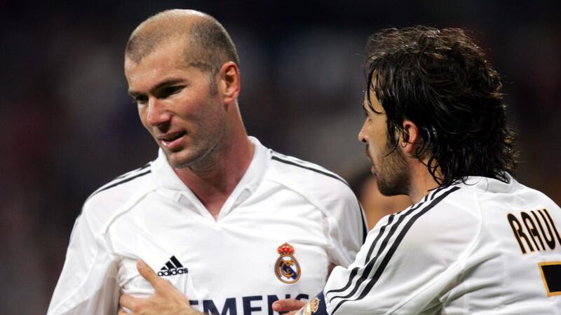 Real madrid captain  Raul Gonzalez consoles Zinedine Zidane after he was shown the red card during a La Liga soccer match against Villarreal at the Bernabeu in  April 2005. Photograph:  Denis Doyle/Getty Images