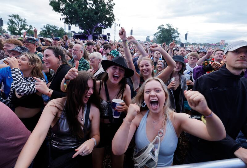 Sarah Keane, Ava Lordan, Emma O’Connor and Matilda Prendergast from Cork enjoying the performance of King Kong Company on the Main Stage on the  first day of Electric Picnic 2023. Photograph: Alan Betson/The Irish Times

